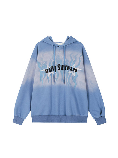 Retro Vintage Hoodie Blue Embroidery with Hood Gradient Fall Drawstring Star Lettering