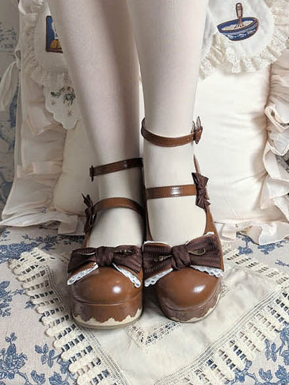 Sweet Decoration Striped Bow with Jane Shoes Lace Mary Trim PU Platform Brown