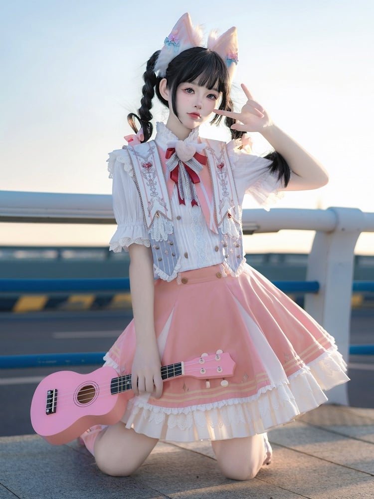 with Gold Ruffled Blouse Heart-Shaped Bow White and Red Buttons Lolita