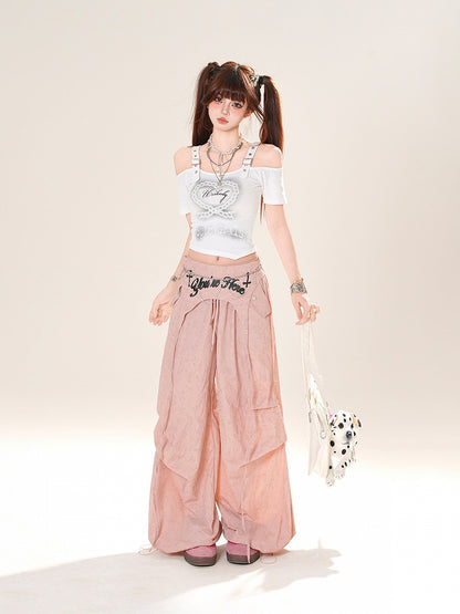 ネックライン ハートプリント クロップド オフショルダー Tシャツ ホワイト