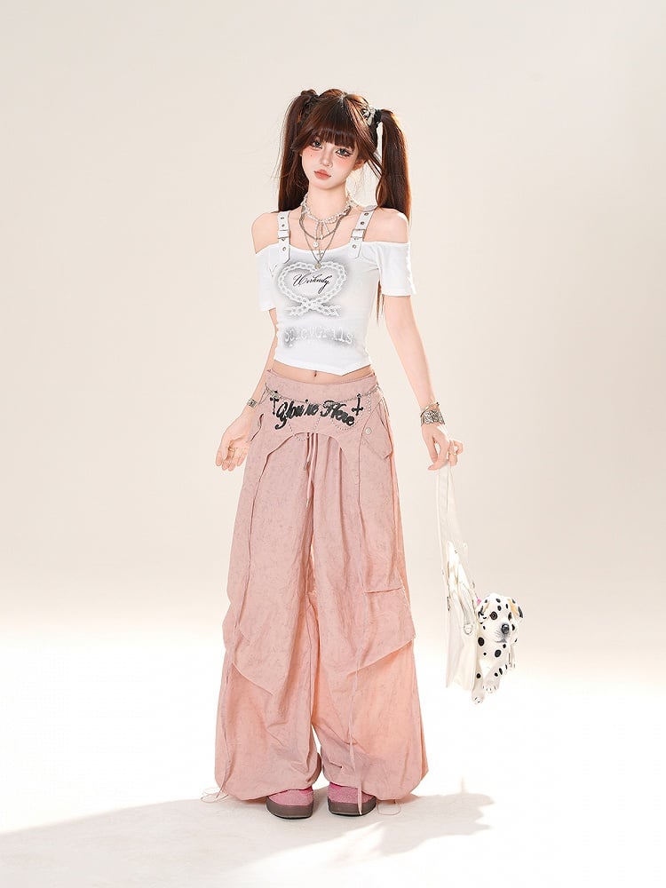 アクセサリー ピンク/グレー ドローストリング ワイドレッグパンツ ウエスト付き