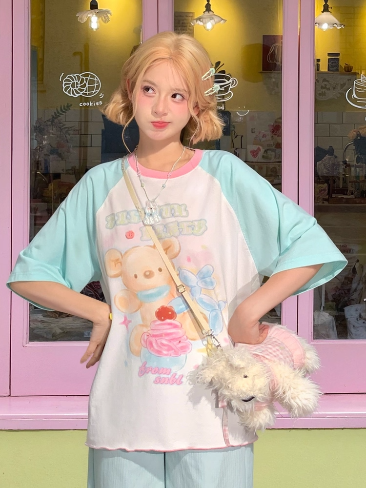 Mint Blue Colorblock Design Bear Print Loose Cute T-shirt