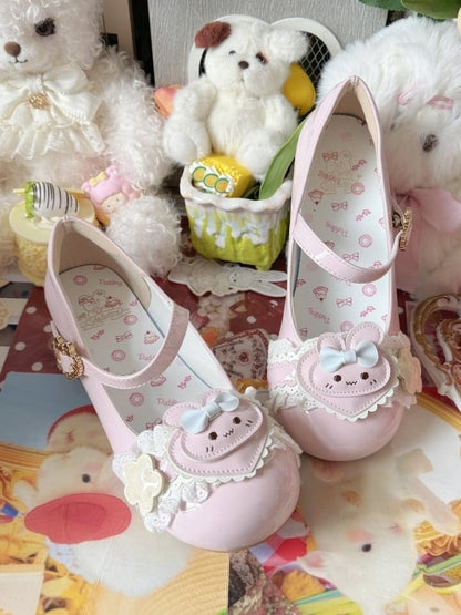 Ear Mary Lolita PU Light Sweet Janes with Heart Rabbit Pink Accents Bunny Floral Theme Top - at