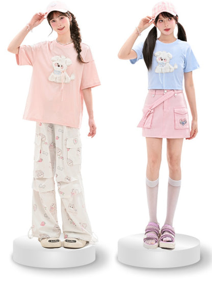 かわいいブルー/ピンクのぬいぐるみの子犬のアップリケTシャツ 夢