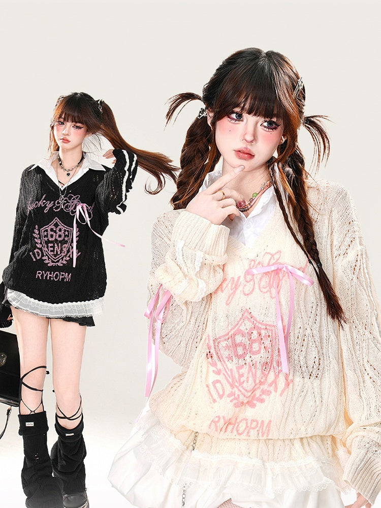 Aprikose/Schwarz Halbtransparent Polo Kragen Sonnenschutz Hohl-out Top Faux