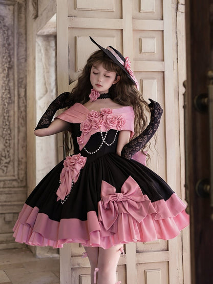 Pink Black Off-Shoulder Boned Lolita Gown - Treasure Box Factory
