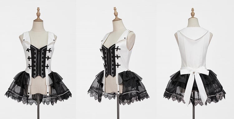 Black White Detachable Train with Tulle Waistcoat Lolita Ouji