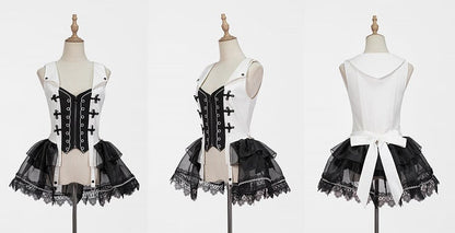 Black White Detachable Train with Tulle Waistcoat Lolita Ouji