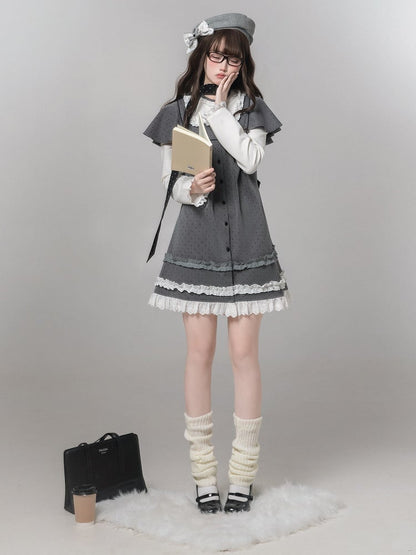 Dress Two-Piece Kei Dot Fake Sleeve Polka Jirai Ruffled Gray Long