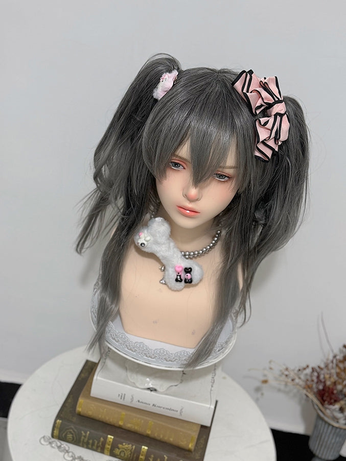 Clip-Perücke, grau, doppelter Pferdeschwanz + 30 cm Krallenpony, 38 cm glatte Länge mit Ombré-Haarfarbe