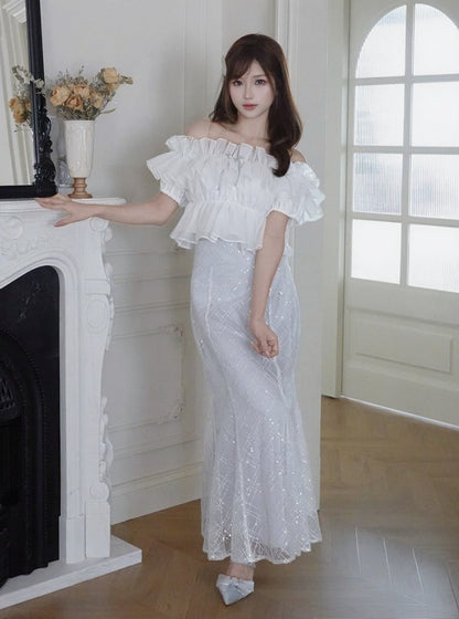 White Ruffle Chiffon Cami with Beaded Straps - Smyster