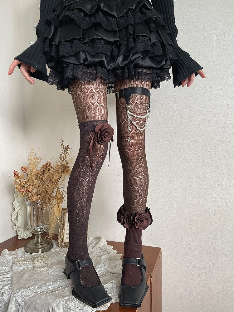 Knee Over Bow Lace Camellia Brown Decoration Stockings with