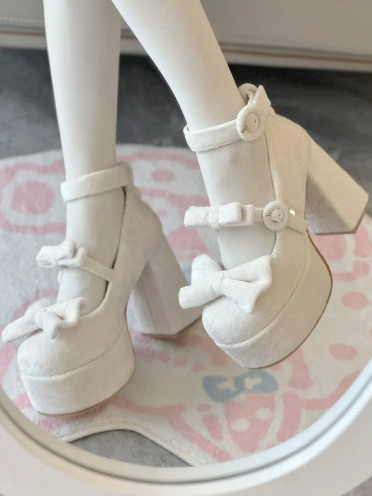 Classic Round White Velvet Bow High-heel Janes Buckle with Mary Detachable