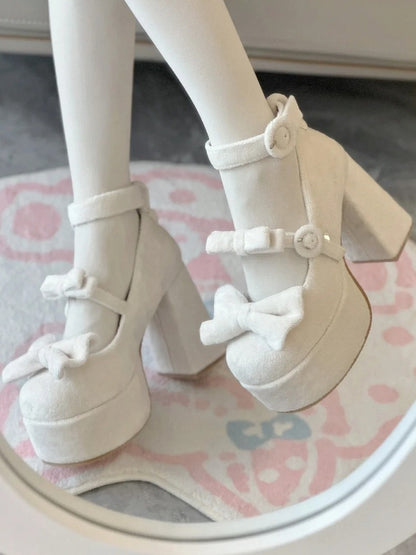 Classic Round White Velvet Bow High-heel Janes Buckle with Mary Detachable