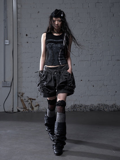 ダークフォールドオーバーウエスト フェードウォッシュ ヴィンテージ レースアップ グレー