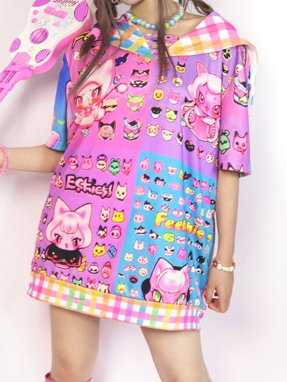 Kurzärmliges T-Shirt im Gyaru-Stil mit Matrosenkragen, Cartoon-Prints und buntem Karomuster