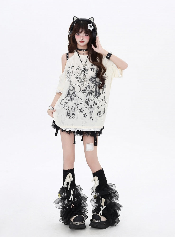 ブラック/ベージュ カットアウトショルダー グラフィティ ビタースイート Tシャツ エンジェルラッキー