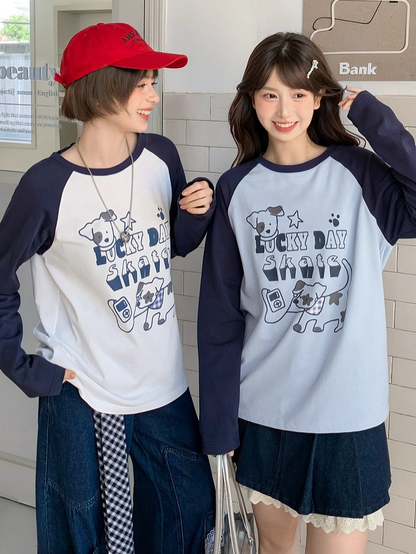 トップス ホワイト/ブルー カラーブロックデザイン 愛らしい子犬プリント ルーズ