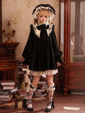 Lolita Lange Hohe Samt Ärmel Rüschen Kleid Süße Hals Schwarz Schleife