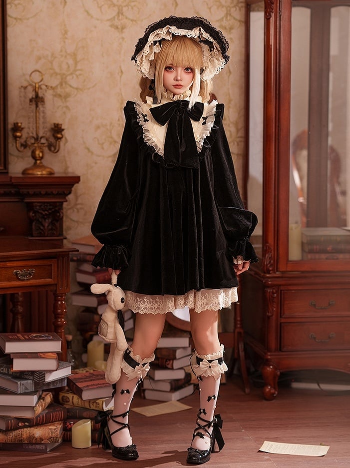 Lolita Lange Hohe Samt Ärmel Rüschen Kleid Süße Hals Schwarz Schleife