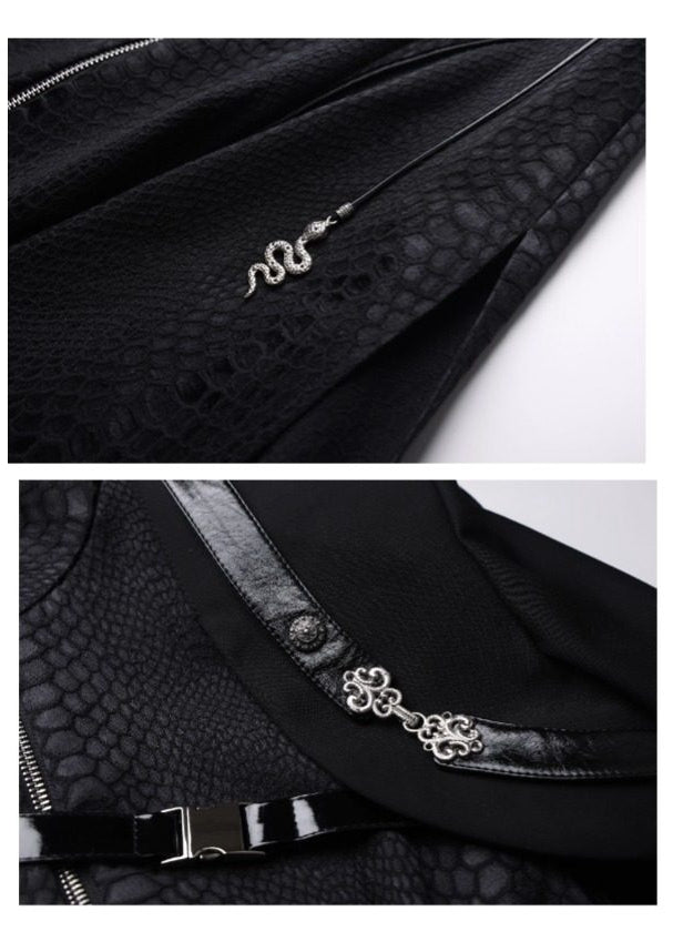 Black Unisex Gothic Snakeskin-Grain Long Coat with False Two-Piece Design & Dual Zips - Wu Xiang Gui Shi