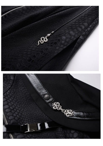 Black Unisex Gothic Snakeskin-Grain Long Coat with False Two-Piece Design & Dual Zips - Wu Xiang Gui Shi