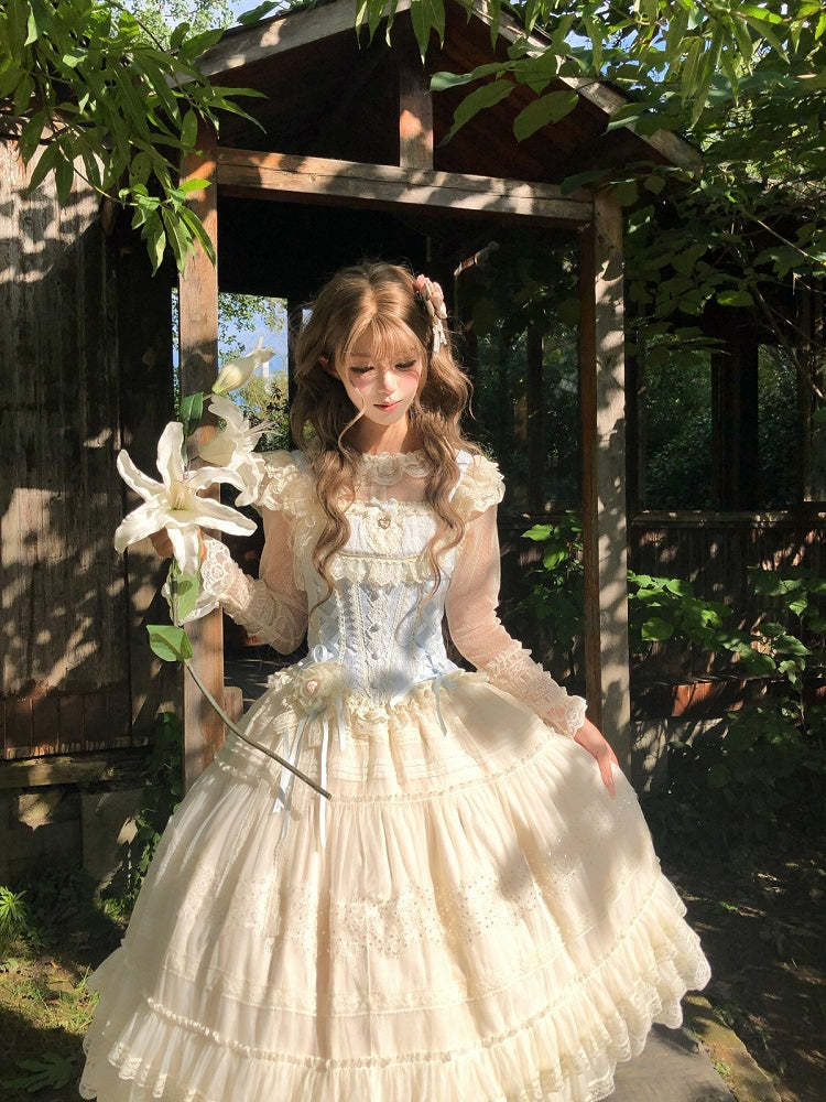 Princess Top & Skirt Set with Lace, Floral, Blue & White Sweet Lolita - Twilight Flower Letter