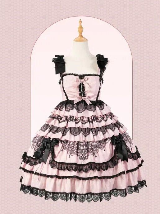 Black and Pink High-Waisted Tiered Ruffle Hem Jumper Skirt - Mademoiselle Pearl