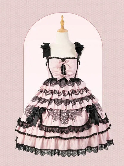 Black and Pink High-Waisted Tiered Ruffle Hem Jumper Skirt - Mademoiselle Pearl
