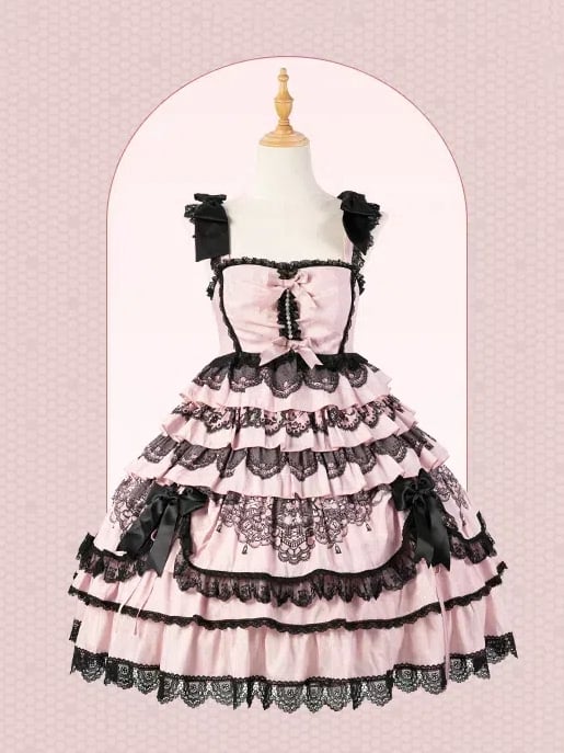 Black Pink High Waist Ruffled Lolita Jumper Skirt - Mademoiselle Pearl