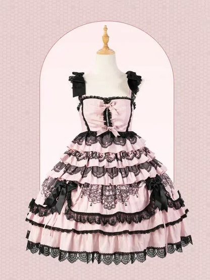 Black Pink High Waist Ruffled Lolita Jumper Skirt - Mademoiselle Pearl