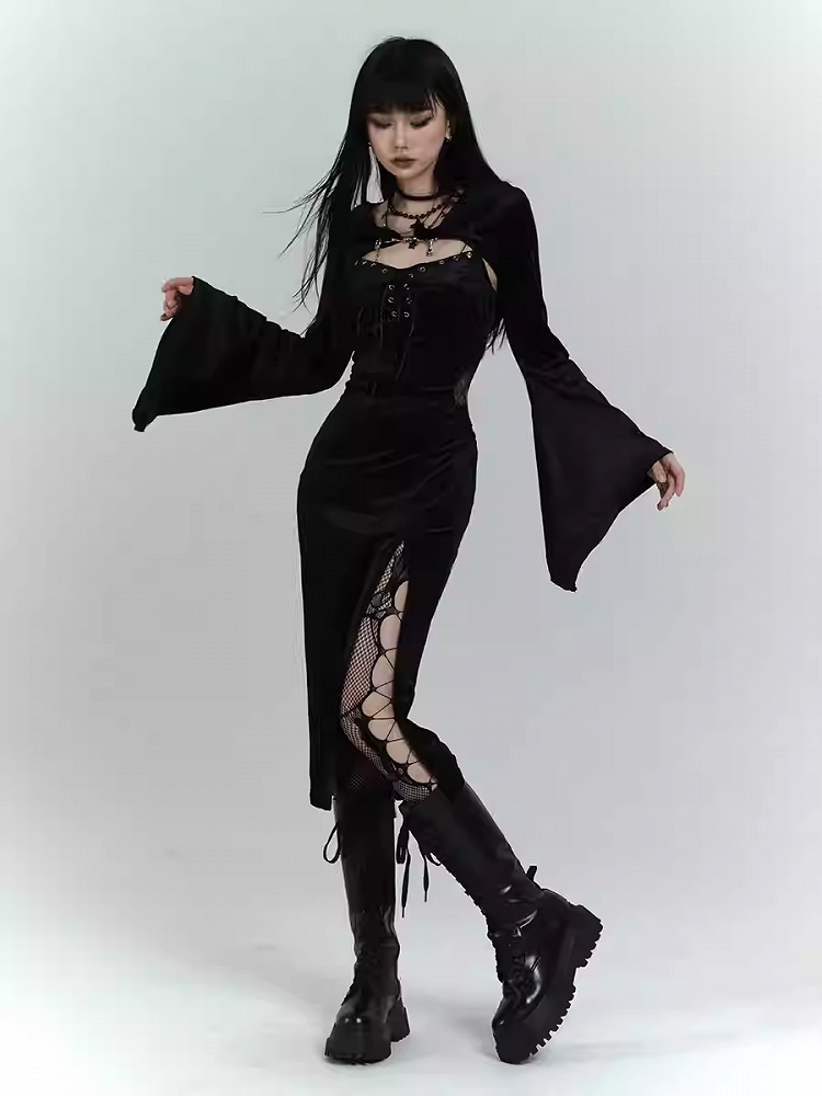 Gothic Black Velvet Side Slit Slip Dress with Bell Sleeves Hooded Top Set