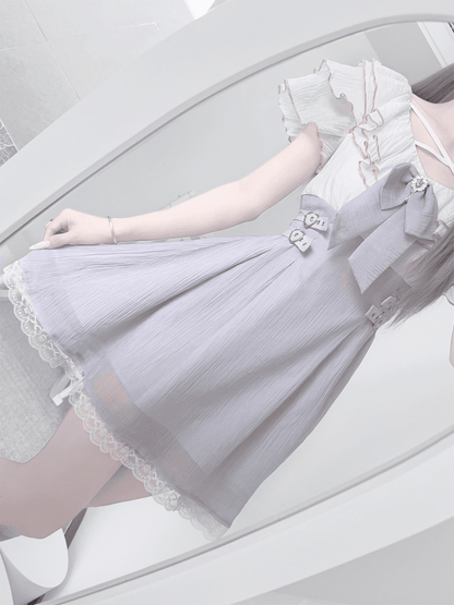 Dress with Flounce Waist Jirai Buckles Bowtie Hem Heart Version Neckline Tiered Lavender Short Kei