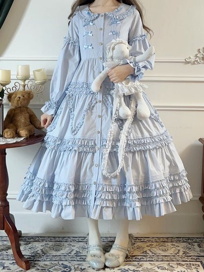 Elegant Dress Sleeves Long Lolita Button-Front with Blue Detail Ruffle Tiered