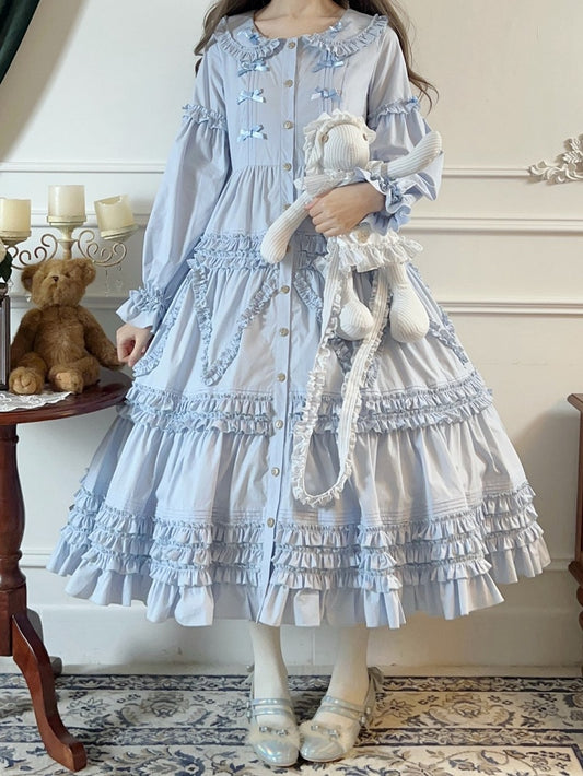 Elegant Dress Sleeves Long Lolita Button-Front with Blue Detail Ruffle Tiered