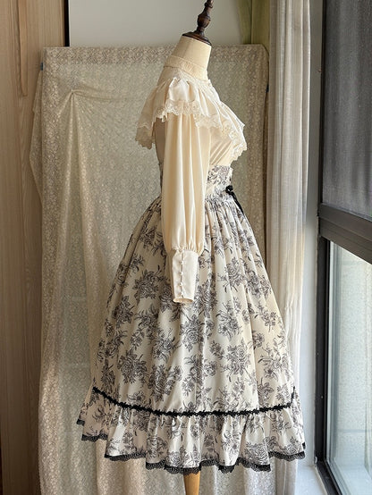 Beige Edward Neck Lolita Blouse with Bead-Accented Cuffs