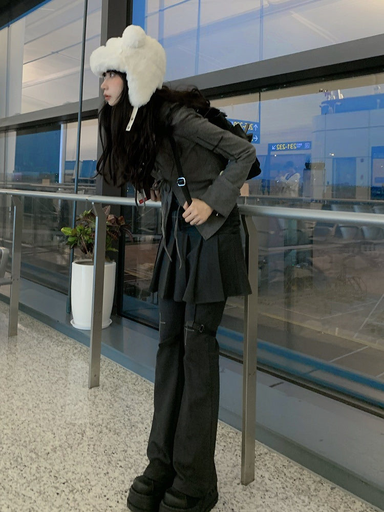 with Pleated Regular/Long Version Jeans Gray Skirt and Cross Flared Motif Dark