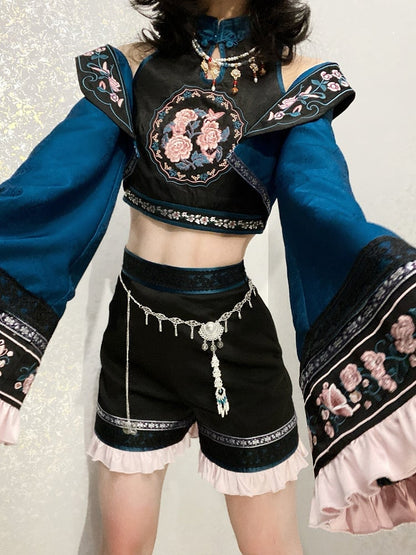 Sleeves Sleeveless Ouji Lolita Floral Chinoiserie + - Cropped Long Outfit Embroidery Shorts Style Top