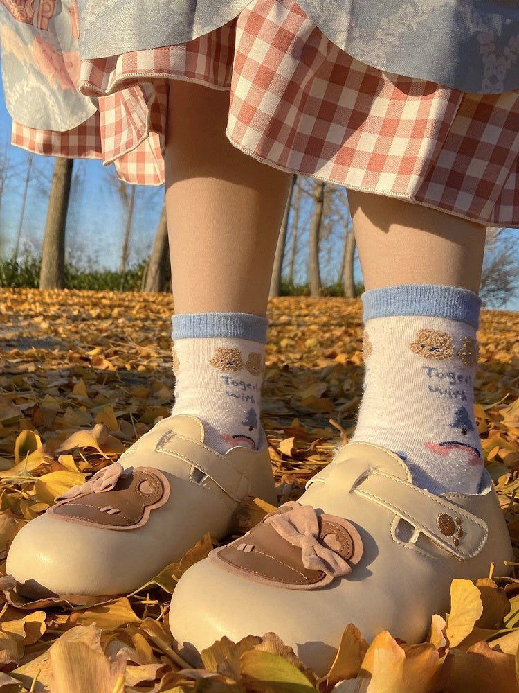 Flats Strap Bear Velcro Paw Closures Embroidery Bow Apricot - Sweet Accent Brown at Top