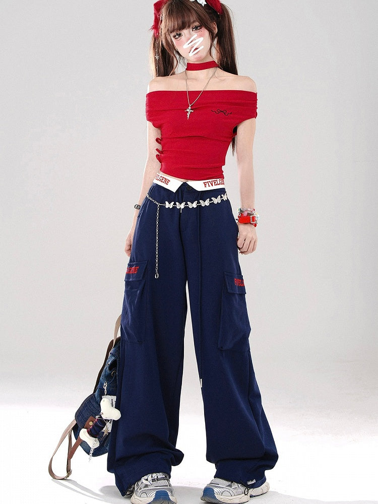 Klein Blue Wide-Leg Pants with Lettered Pocket Flaps and Foldover Waistband