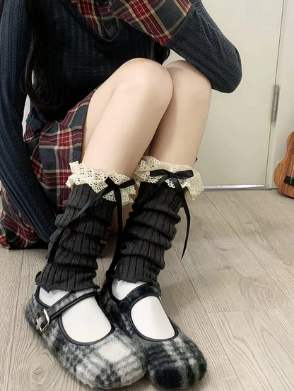 Off-white Sweet Bowknot Lace Trim Leg Warmers