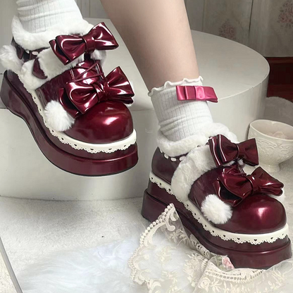 Lolita Weinrote süße Herz-Bowknot-Plateauschuhe mit Pompons