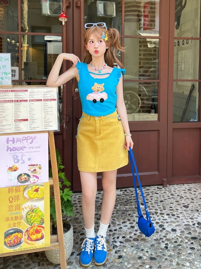 Free Kitty Applique Flatterärmel Top Blau Süße Halskette mit