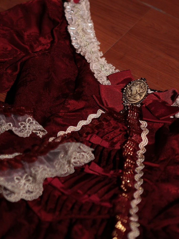 Elegant Wine Red Hime Dress with Bell Sleeves, Bowknots & Layered Skirt - Strawberry Cocoa Lolita