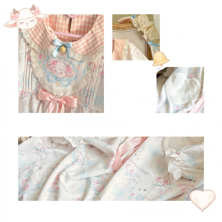 ホワイトチェック柄ピーターパンカラーのキュートな羊柄ナイトドレス