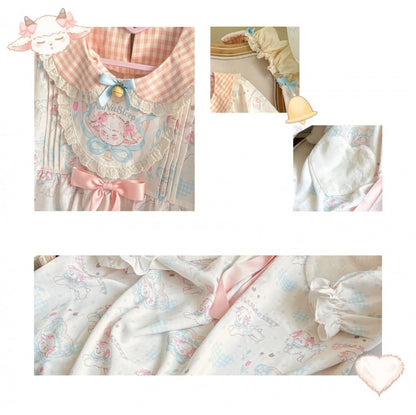 ホワイトチェック柄ピーターパンカラーのキュートな羊柄ナイトドレス