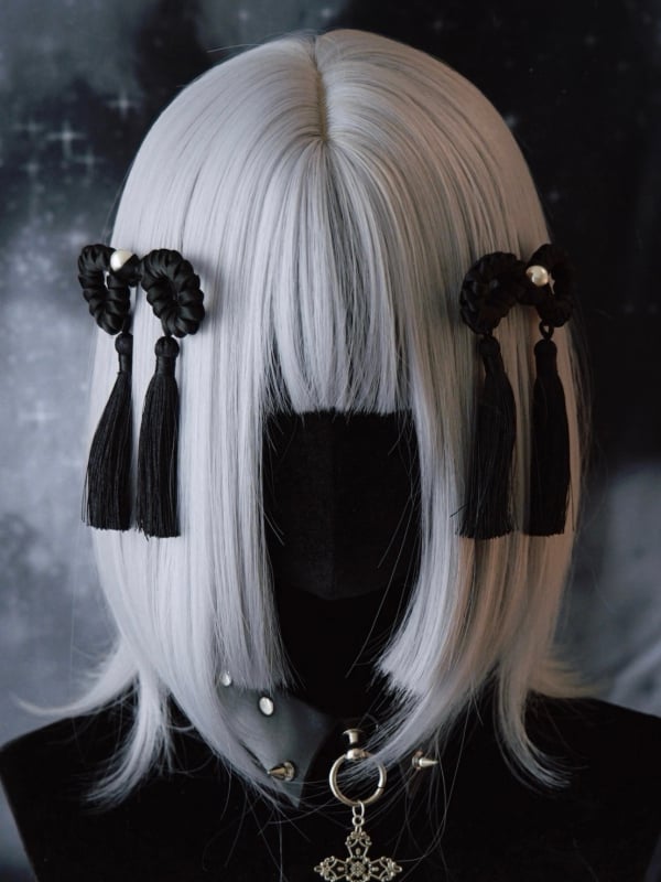 Black Tassels Design Decorated Hairclips Beaded Gothic Bowknot