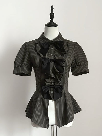 Brown Ouji Lolita Short Sleeve Blouse with Bow & Stripe Pattern - Danger Girl