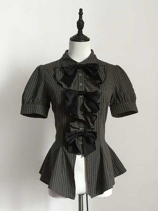 Brown Ouji Lolita Short Sleeve Blouse with Bow & Stripe Pattern - Danger Girl