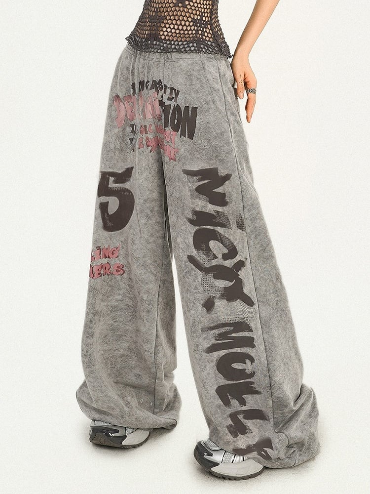 Casual Gray Vintage Wide Leg Trousers with Letter Print Pattern